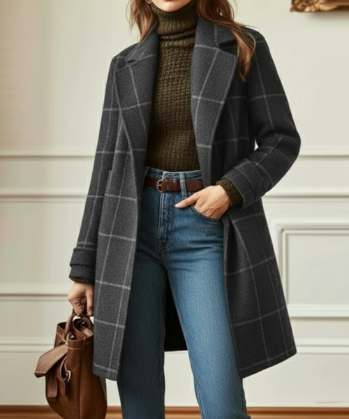 Sophie Long Plaid Coat Notched Lapel Button-Front Relaxed Fit