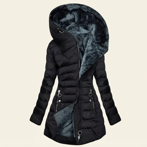 Clara Black hooded puffer jacket featuring quilted padding, a plush faux-fur-lined hood, shaped waist, long sleeves, and zippered pockets