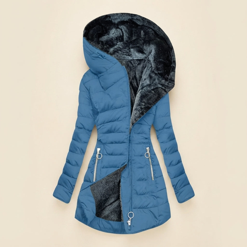 Clara Blue hooded puffer jacket with quilted padding, faux-fur-lined hood, fitted waist, long sleeves, and front zip pockets