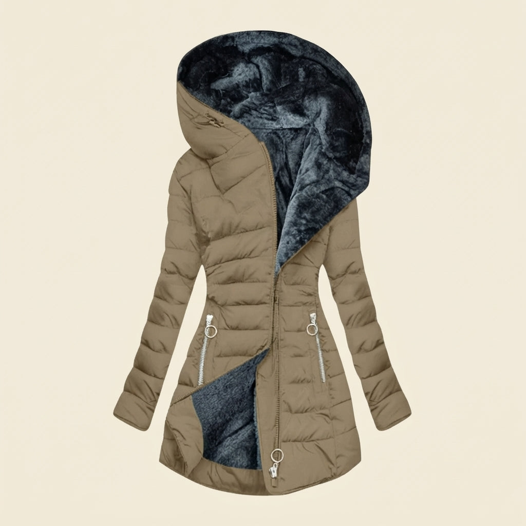 Clara hooded puffer jacket featuring quilted construction, a plush faux-fur-lined hood, shaped waist, long sleeves, and zippered pockets
