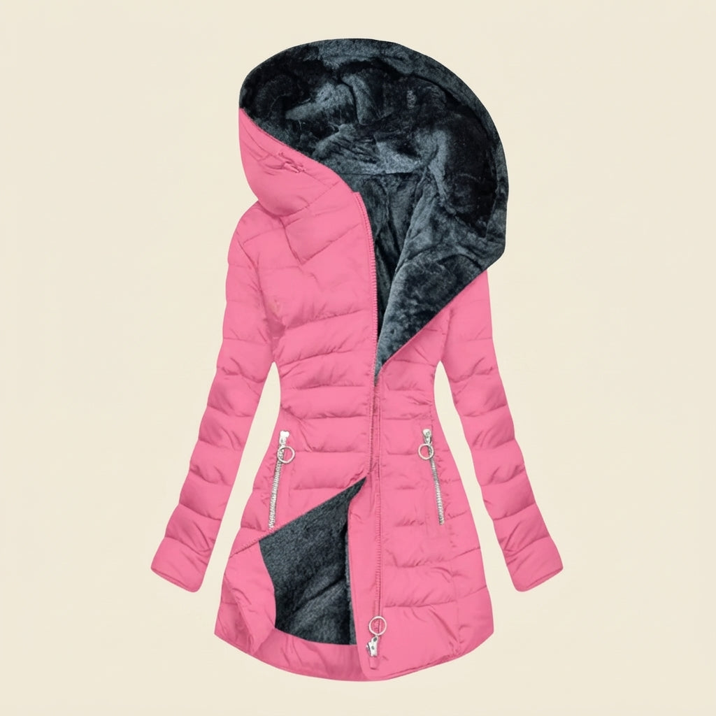 Clara Pink quilted puffer jacket featuring a plush faux-fur-lined hood, shaped silhouette, long sleeves, and zippered front pockets