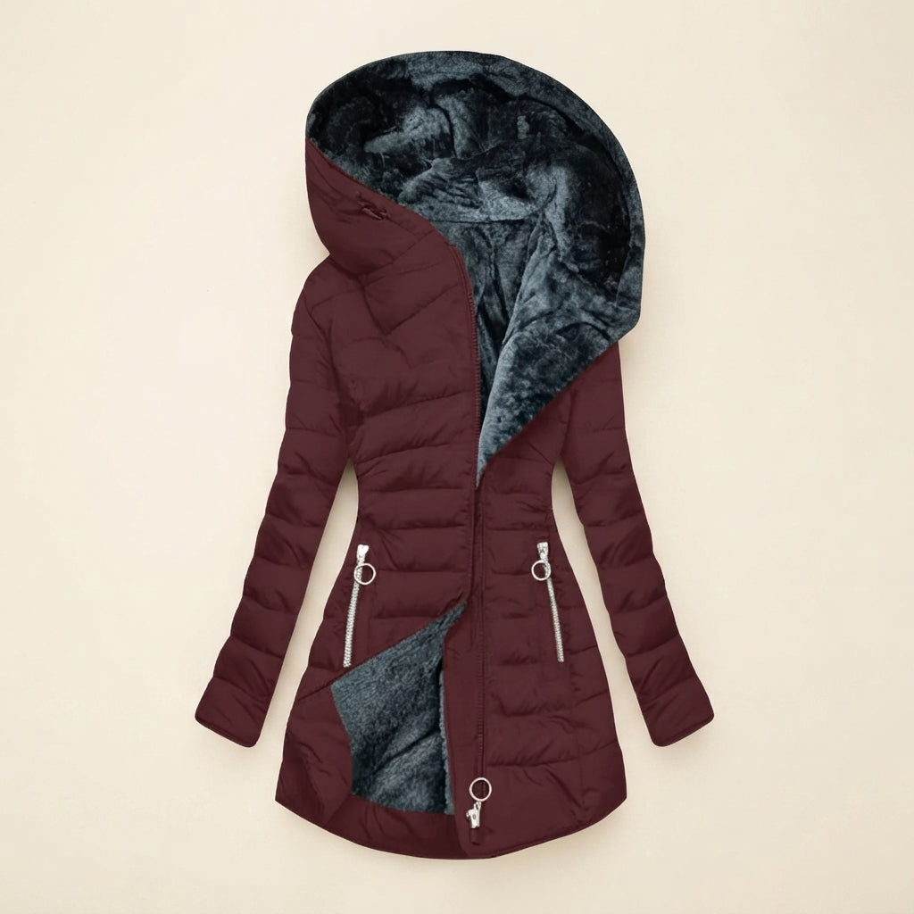 Clara Red hooded puffer jacket with quilted construction, oversized faux-fur-lined hood, fitted waist, and front zip pockets