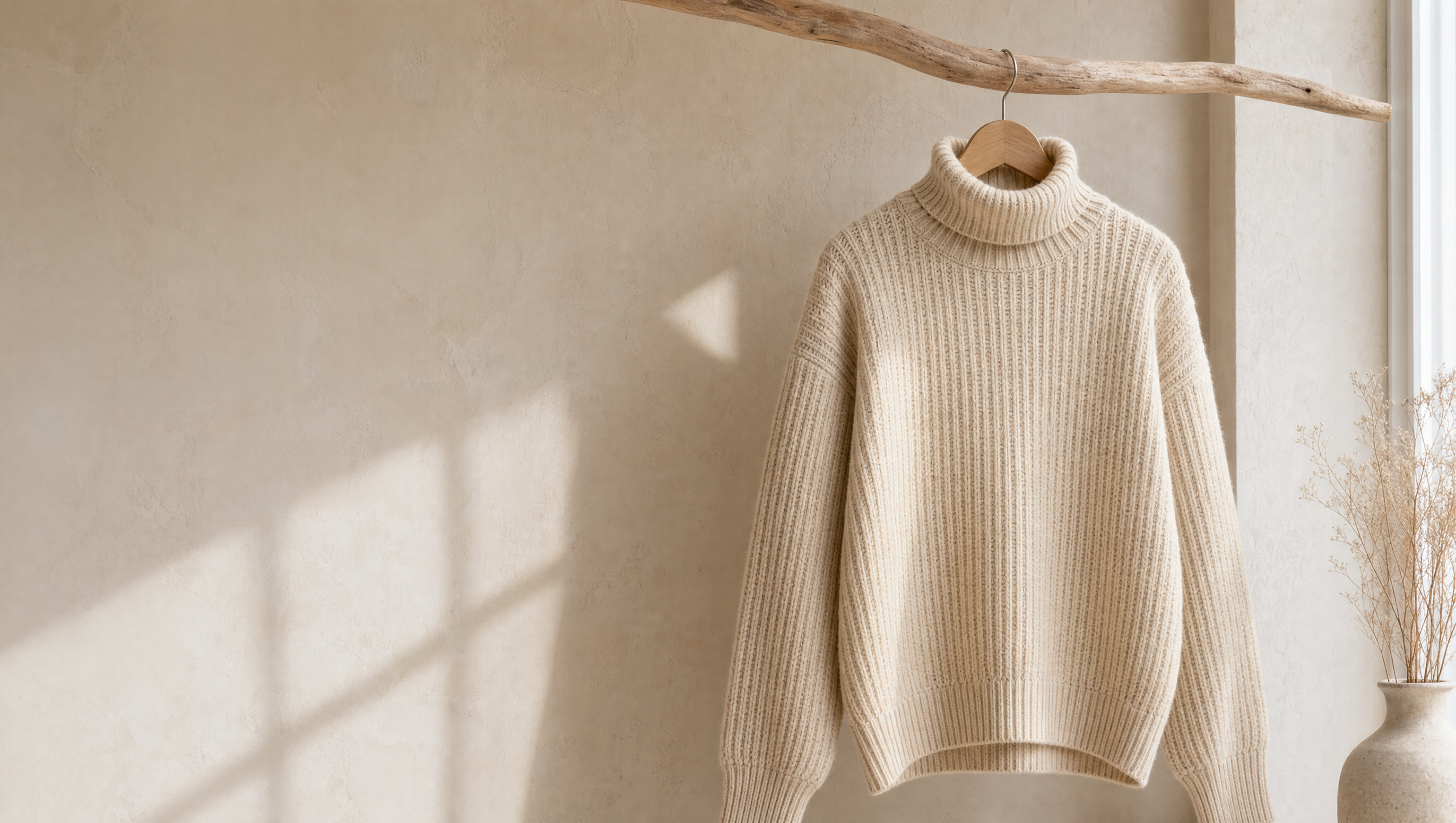 Cream ribbed turtleneck knit sweater hanging on a wooden hanger against a sunlit beige wall