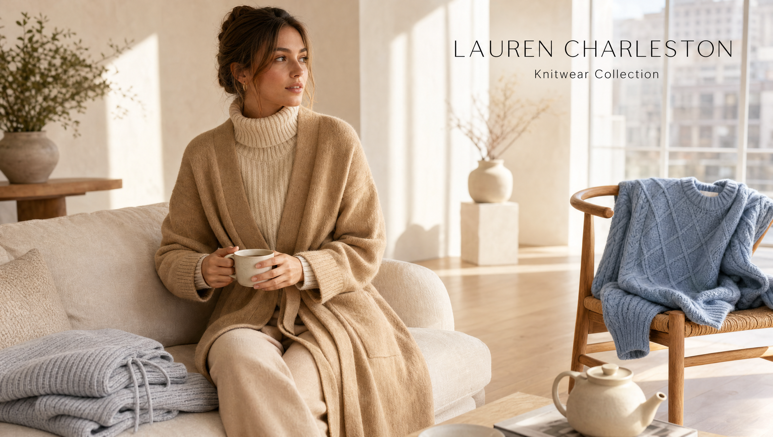 A woman sits on a light beige sofa in a bright, sunlit living room, wearing a cream turtleneck sweater and a beige knit cardigan. A blue knit throw is draped over a wooden chair beside her.