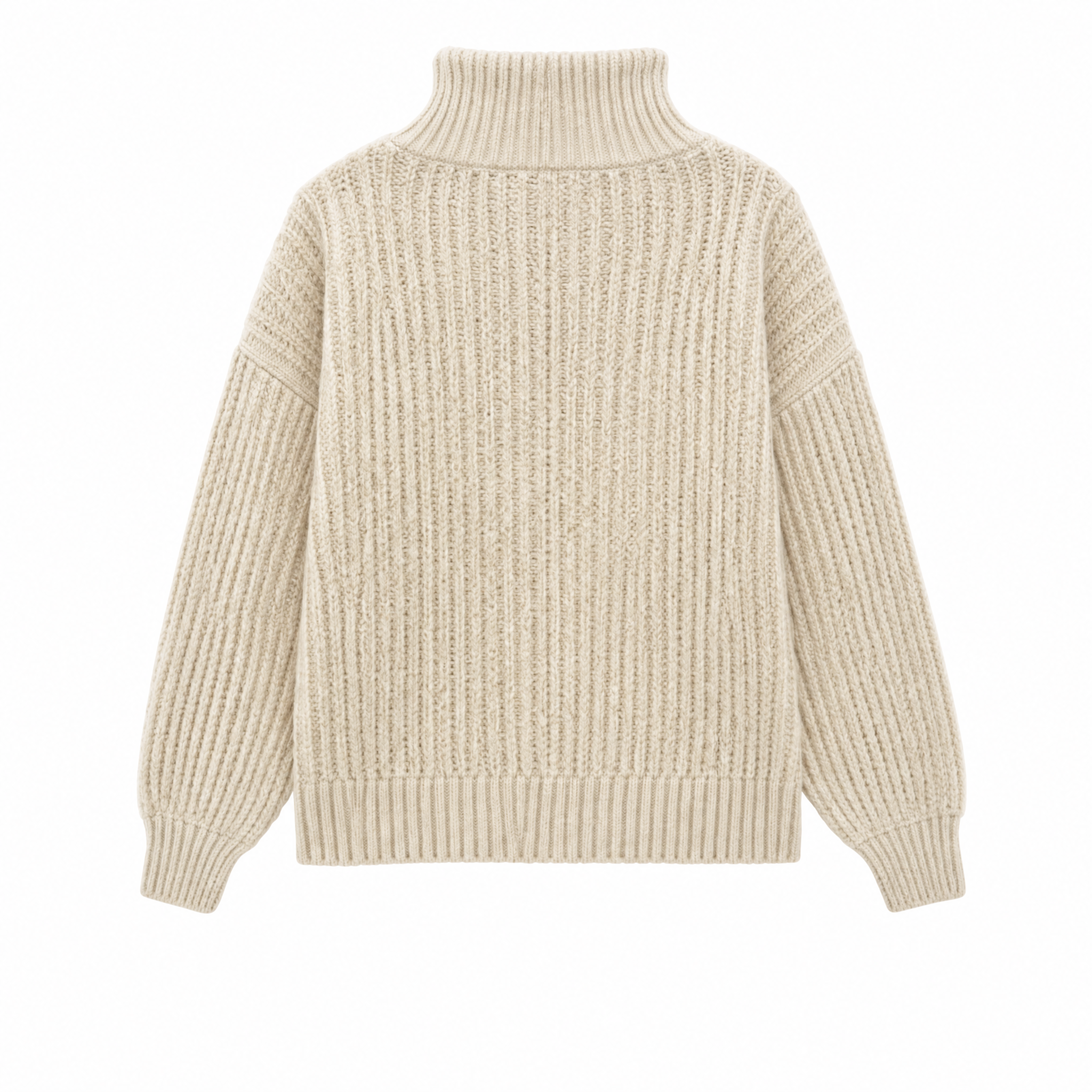A cream-colored ribbed knit turtleneck sweater with long sleeves, shown from the back on a solid white background.