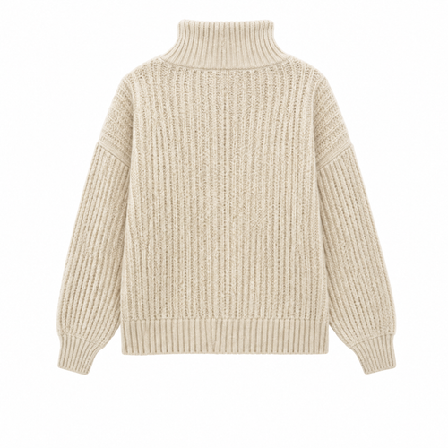 A cream-colored ribbed knit turtleneck sweater with long sleeves, shown from the back on a solid white background.