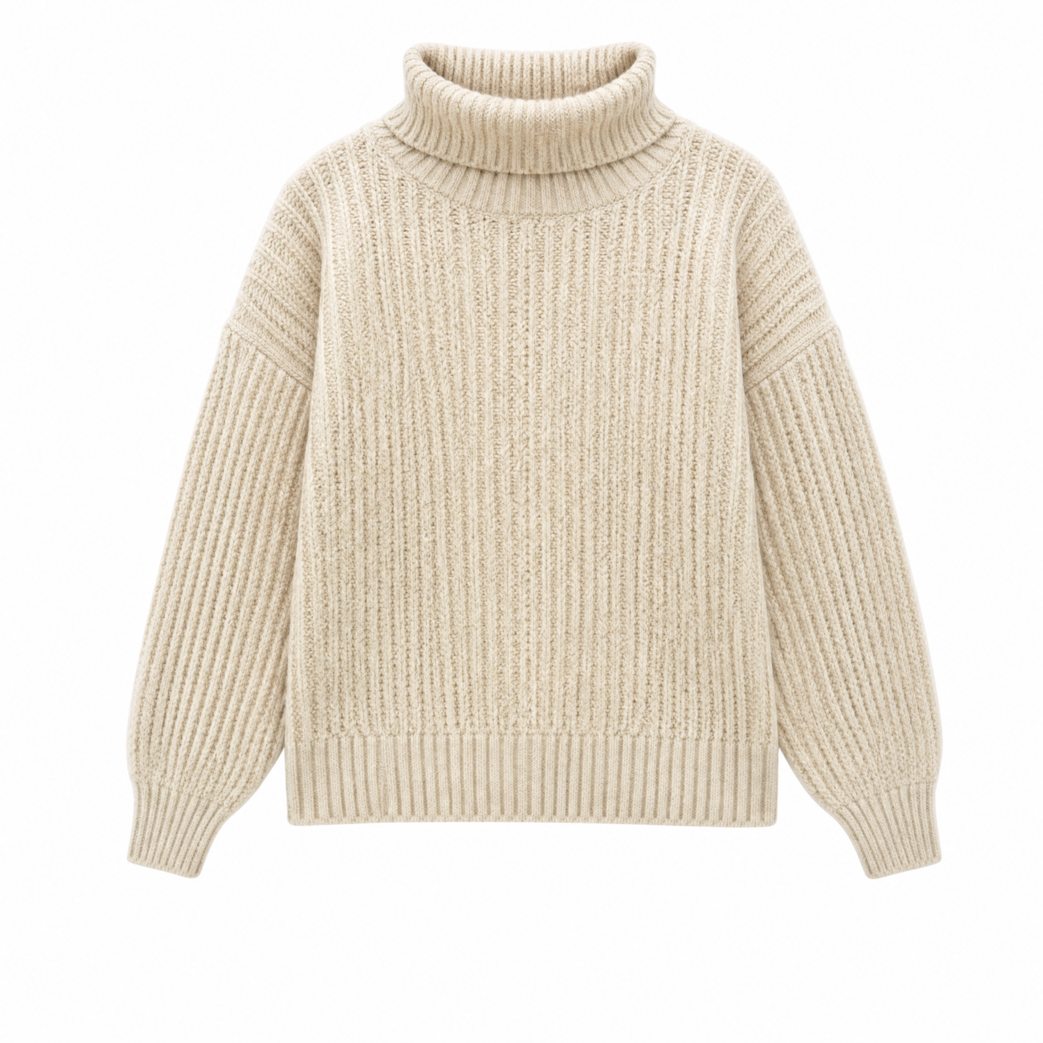 A cream-colored ribbed knit turtleneck sweater with long sleeves, shown against a plain white background.