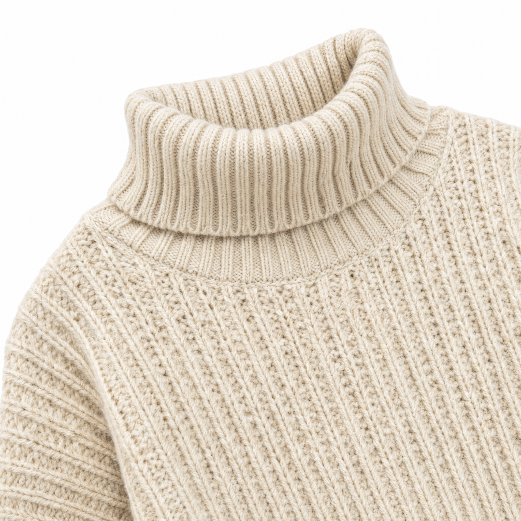 Close-up of a cream-colored ribbed knit sweater showing the neckline detail against a white background.