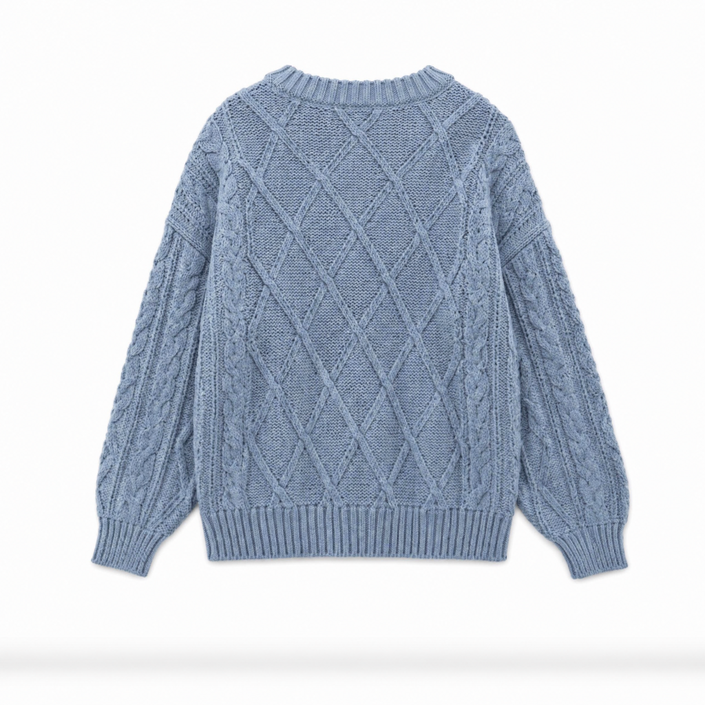 A light blue cable-knit sweater shown from the back, featuring a cable pattern and ribbed collar, cuffs, and hem, set against a plain white background.