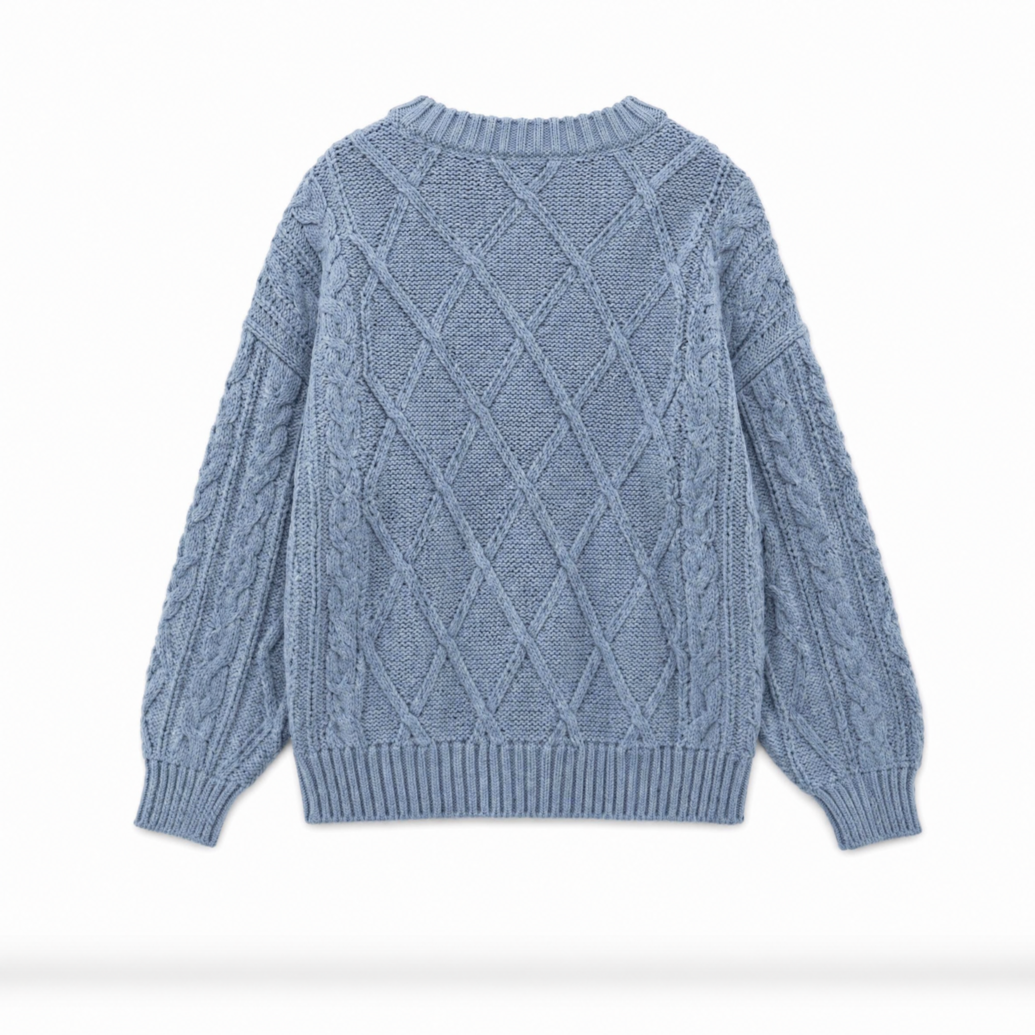 A light blue cable-knit sweater shown from the back, featuring a cable pattern and ribbed collar, cuffs, and hem, set against a plain white background.
