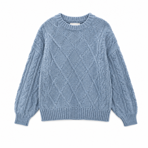 A light blue cable-knit crewneck sweater with a lattice pattern on the front, displayed flat against a white background.