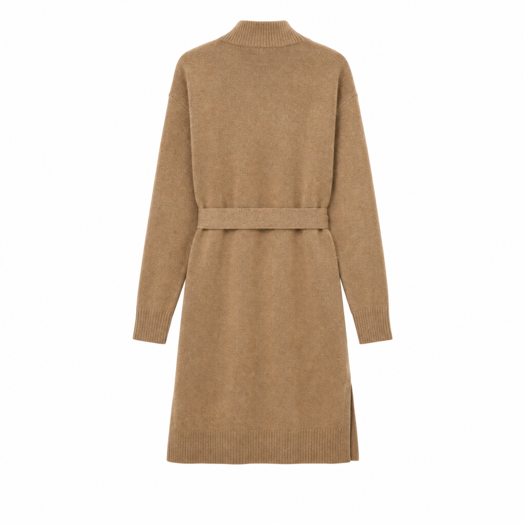 A camel brown knit cardigan sweater with a matching waist belt, shown from the back on a plain white background.