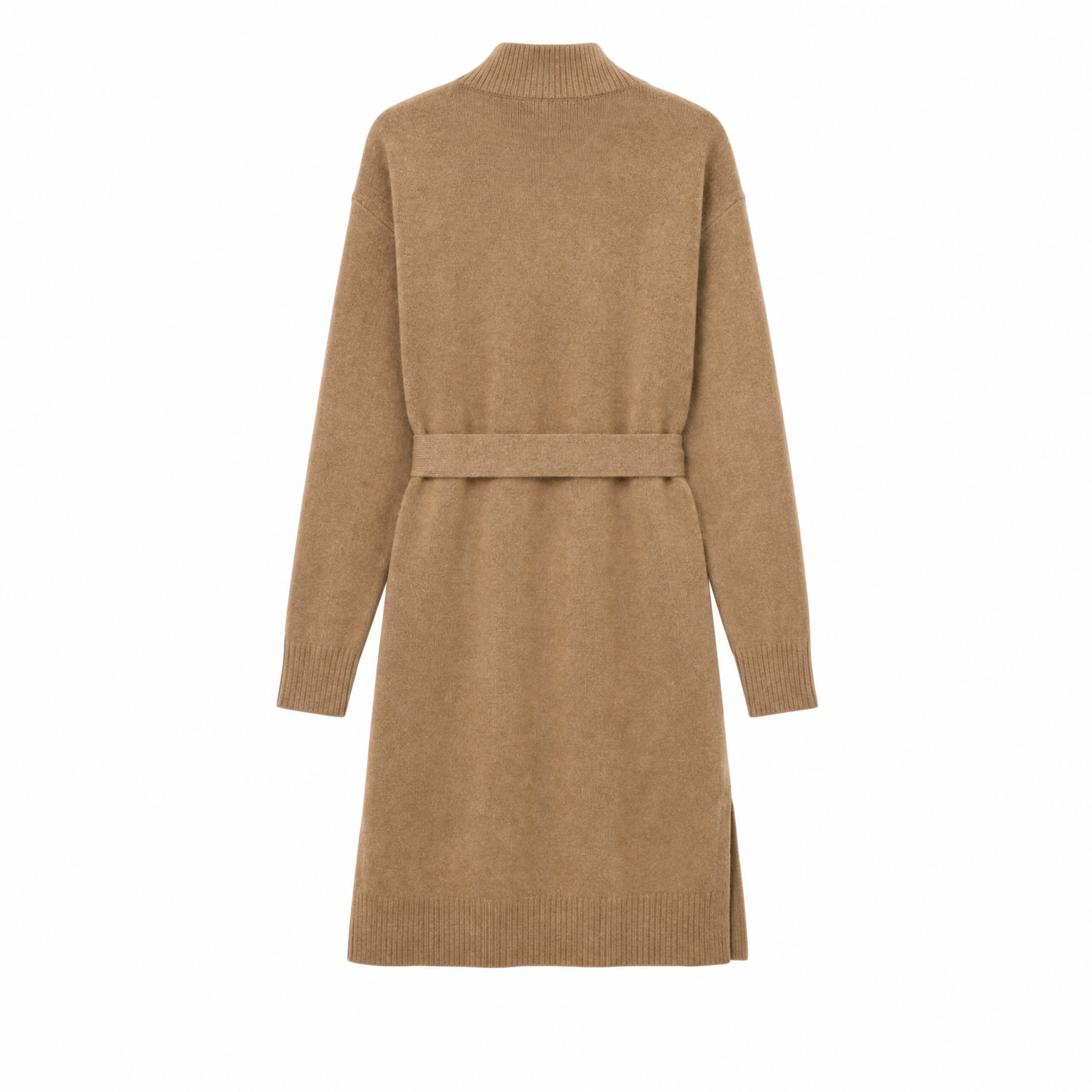 A camel brown knit cardigan sweater with a matching waist belt, shown from the back on a plain white background.