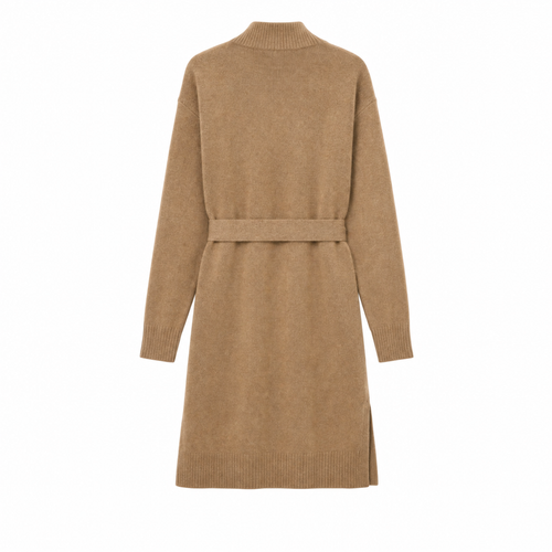 A camel brown knit cardigan sweater with a matching waist belt, shown from the back on a plain white background.