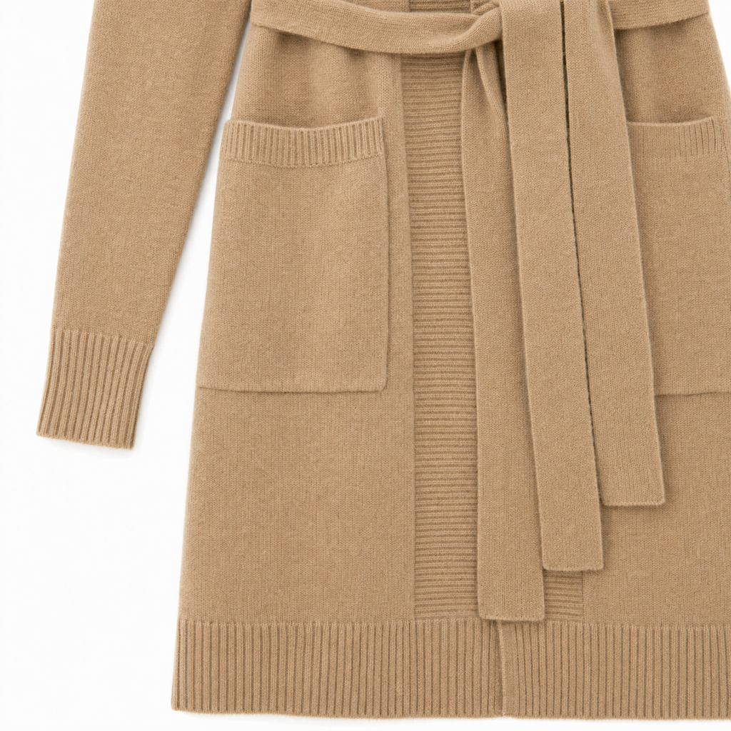 A close-up of a camel-colored knit cardigan with a matching tie belt, featuring two front patch pockets and ribbed cuffs and hem, shown on a plain white background.