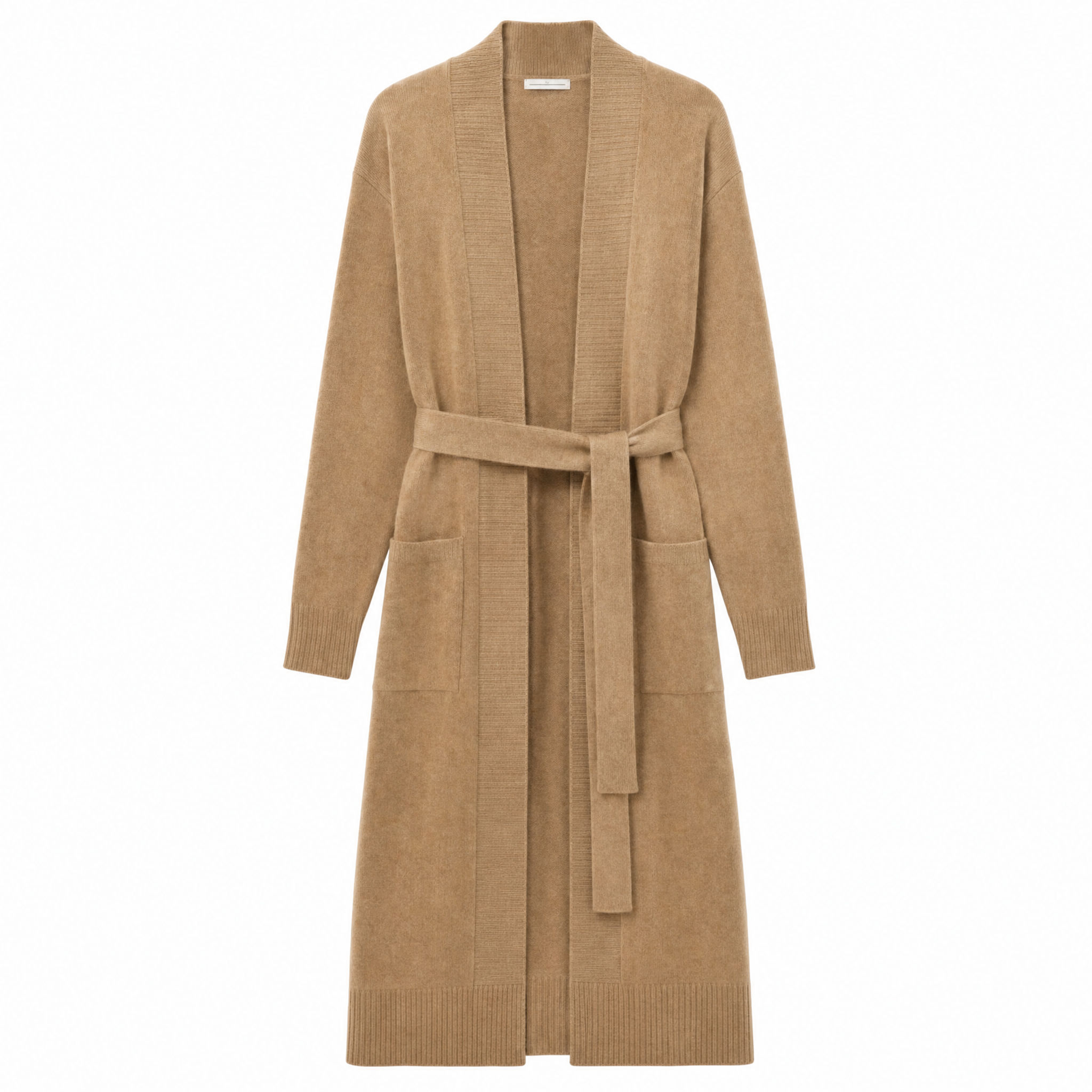 A long-sleeved, open-front knit cardigan in camel brown with a matching waist tie belt, shown against a plain white background.