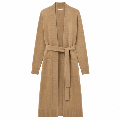 A long-sleeved, open-front knit cardigan in camel brown with a matching waist tie belt, shown against a plain white background.