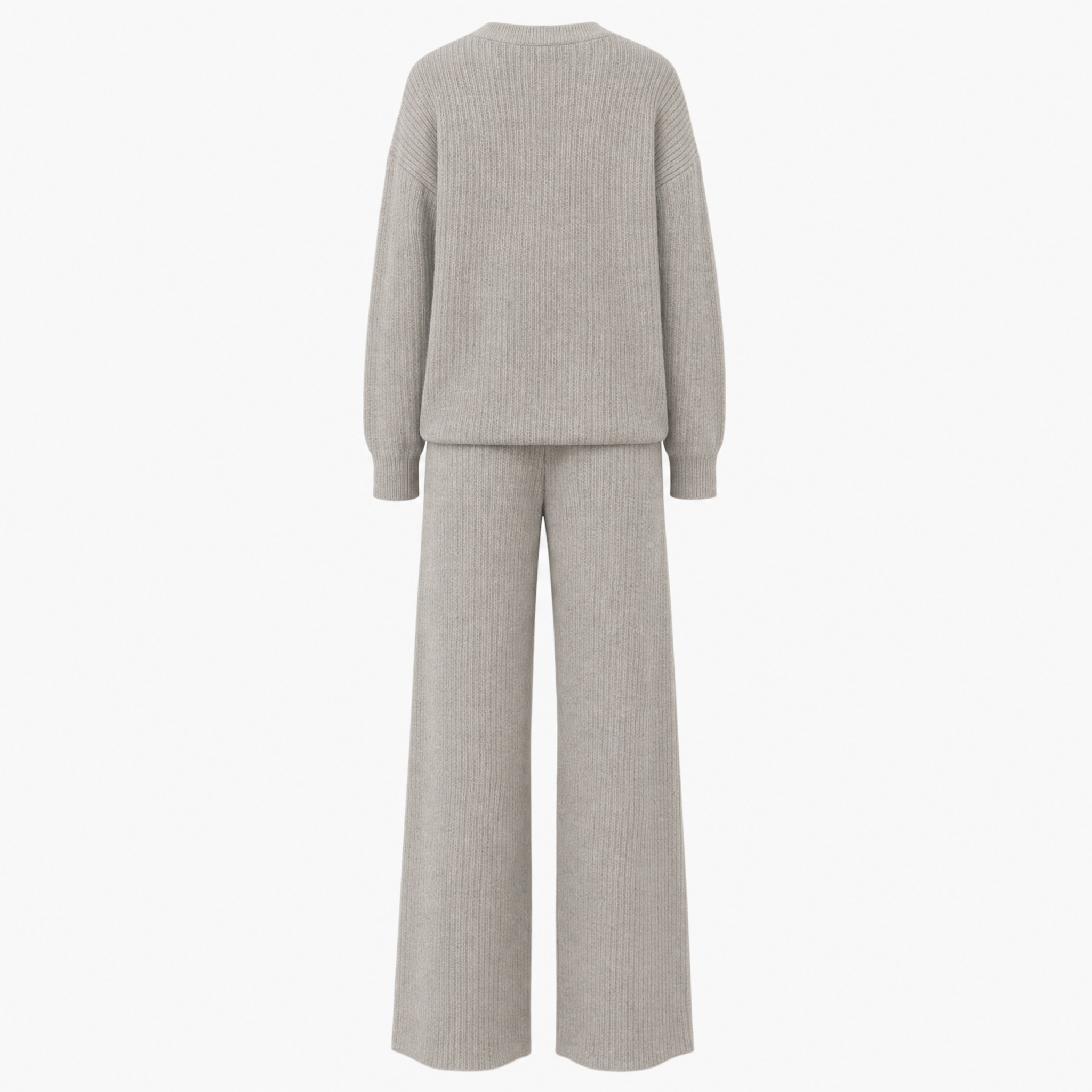 A light gray ribbed knit two-piece set featuring a long-sleeve crewneck sweater and matching wide-leg trousers, shown on a plain white background.