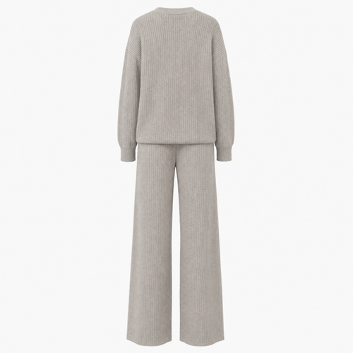 A light gray ribbed knit two-piece set featuring a long-sleeve crewneck sweater and matching wide-leg trousers, shown on a plain white background.