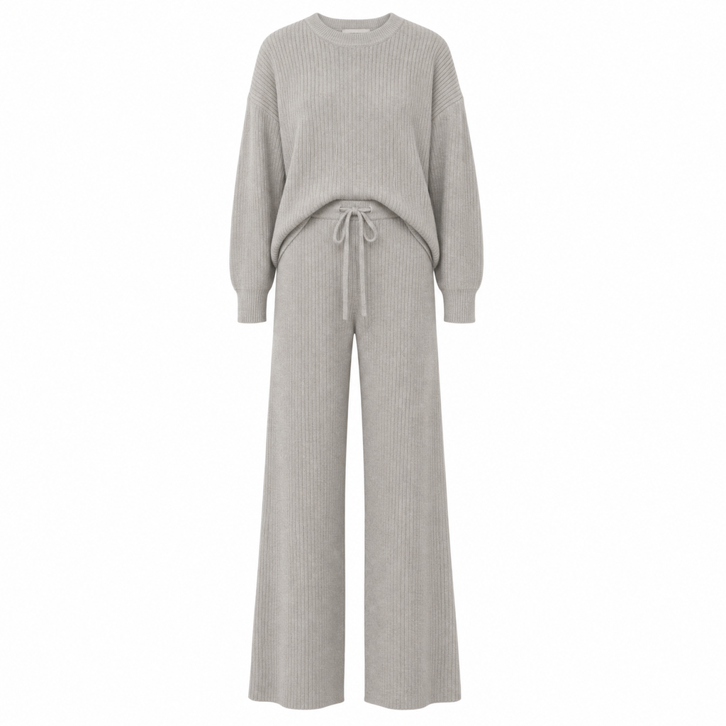 A light gray ribbed knit two-piece loungewear set featuring a long-sleeve crewneck sweater and matching wide-leg drawstring pants, shown on a plain white background.