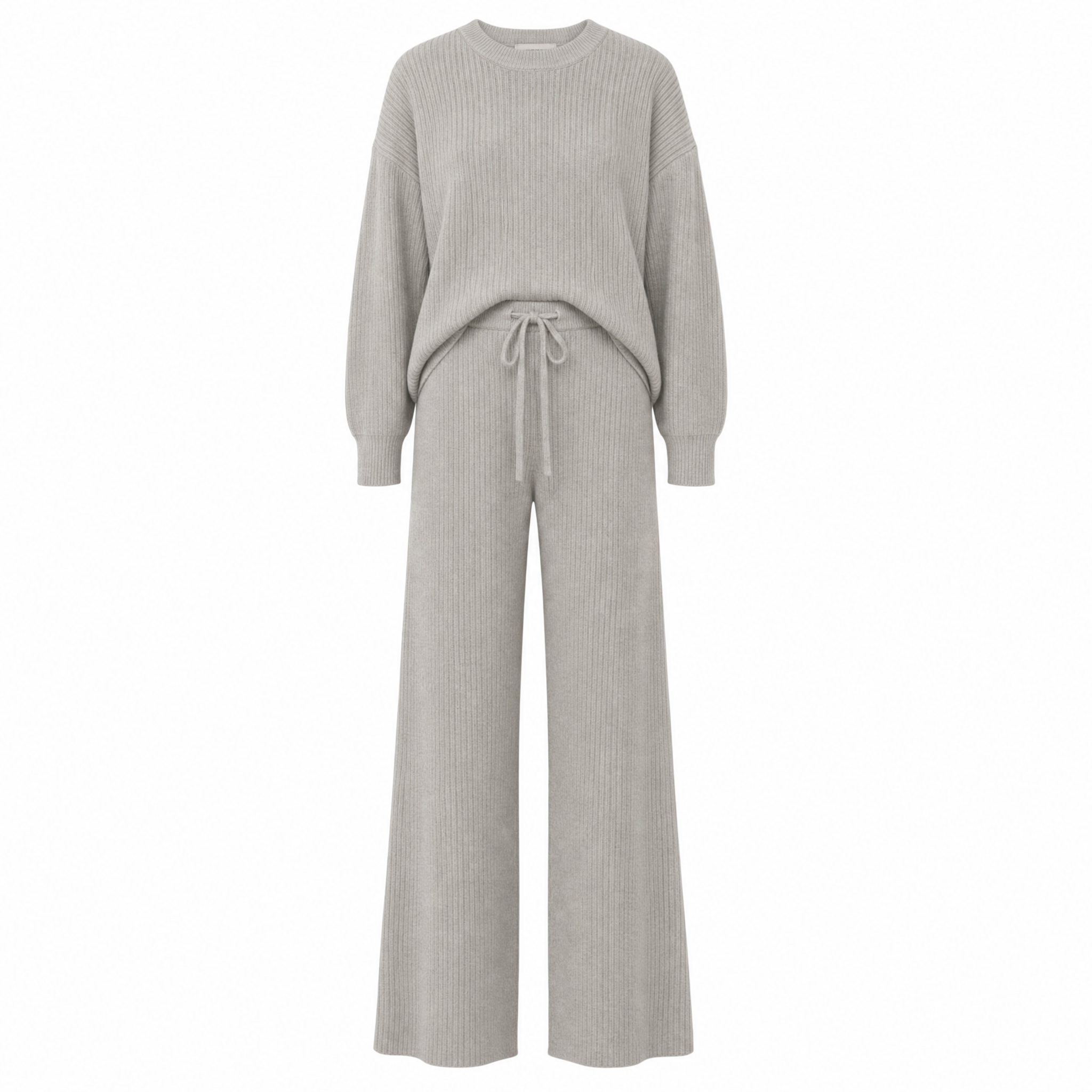 A light gray ribbed knit two-piece loungewear set featuring a long-sleeve crewneck sweater and matching wide-leg drawstring pants, shown on a plain white background.