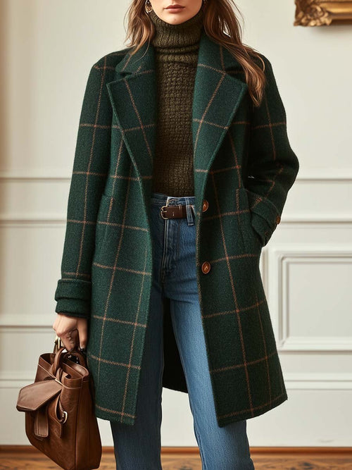 Sophie Green long plaid coat featuring a windowpane check pattern, notched lapels, button-front closure, long sleeves, and side pockets